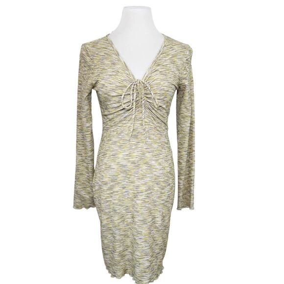 Lisa Says Gah NEW Lotta Space Dye Tie Front Long Sleeve Mini Dress Yellow Medium - Picture 2 of 9